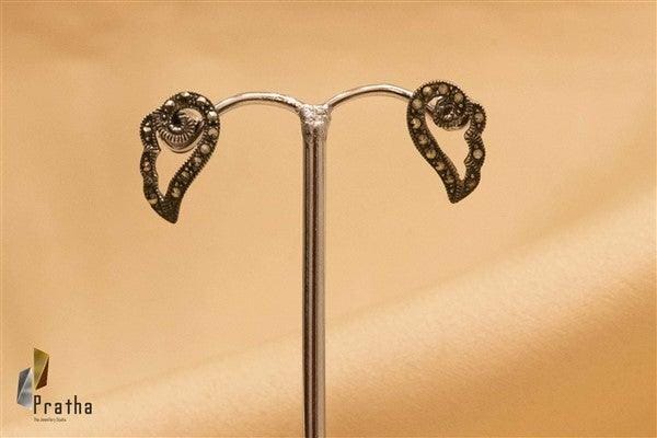 Designer Silver Earrings | Shankh Marcasite Studds | Handcrafted Silver Jewellery For Women By Pratha - Jewellery Studio