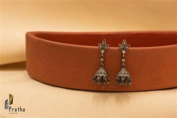 Designer Silver Earrings | Marcasite Jhumkis | Handcrafted Silver Jewellery For Women By Pratha - Jewellery Studio