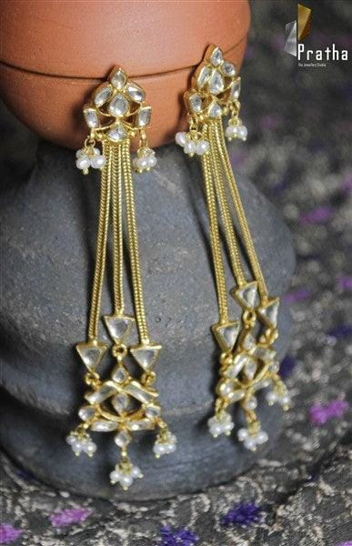 Long Kundan Earrings | Designer Silver Earrings | Handcrafted Silver Jewellery For Women By Pratha - Jewellery Studio