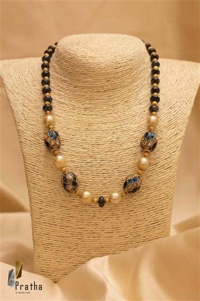 Blue Polki Beads Mala | Designer Silver Necklace | Handcrafted Silver Jewellery For Women By Pratha - Jewellery Studio