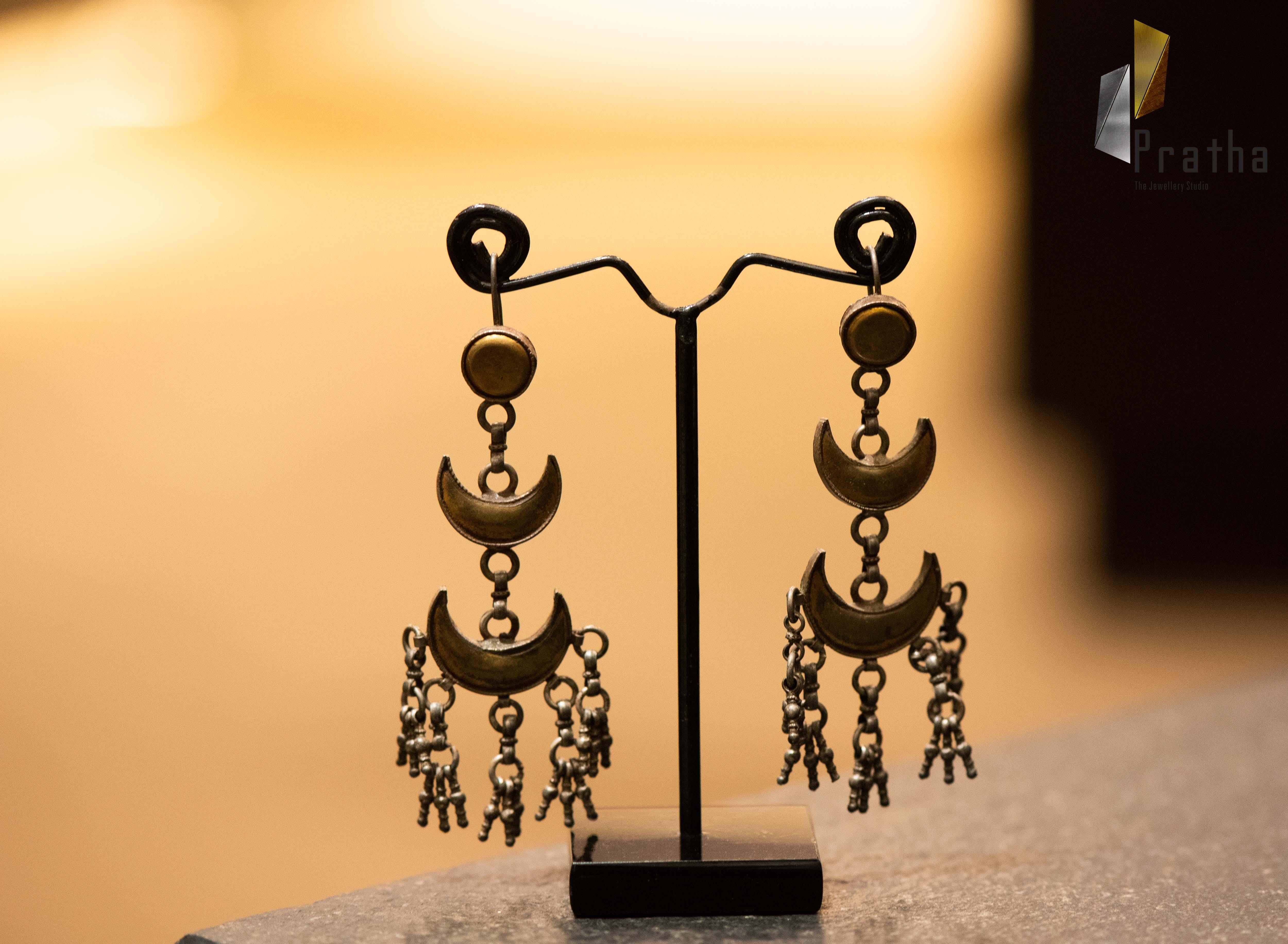Designer Silver Earrings | Antique Crescent Moon Earrings | Handcrafted Silver Jewellery For Women By Pratha - Jewellery Studio