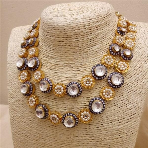 Kundan-Pearl Neckpiece | Handmade Silver Necklace | Antique Neckpiece | Unique & Authentic Jewellery for Women in Sterling Silver By Pratha - Jewellery Studio