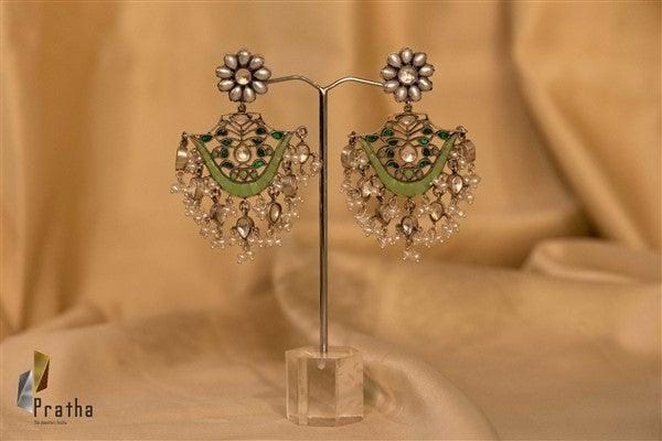 Green Chandbali | Designer Silver Earrings | Handcrafted Silver Jewellery For Women By Pratha - Jewellery Studio