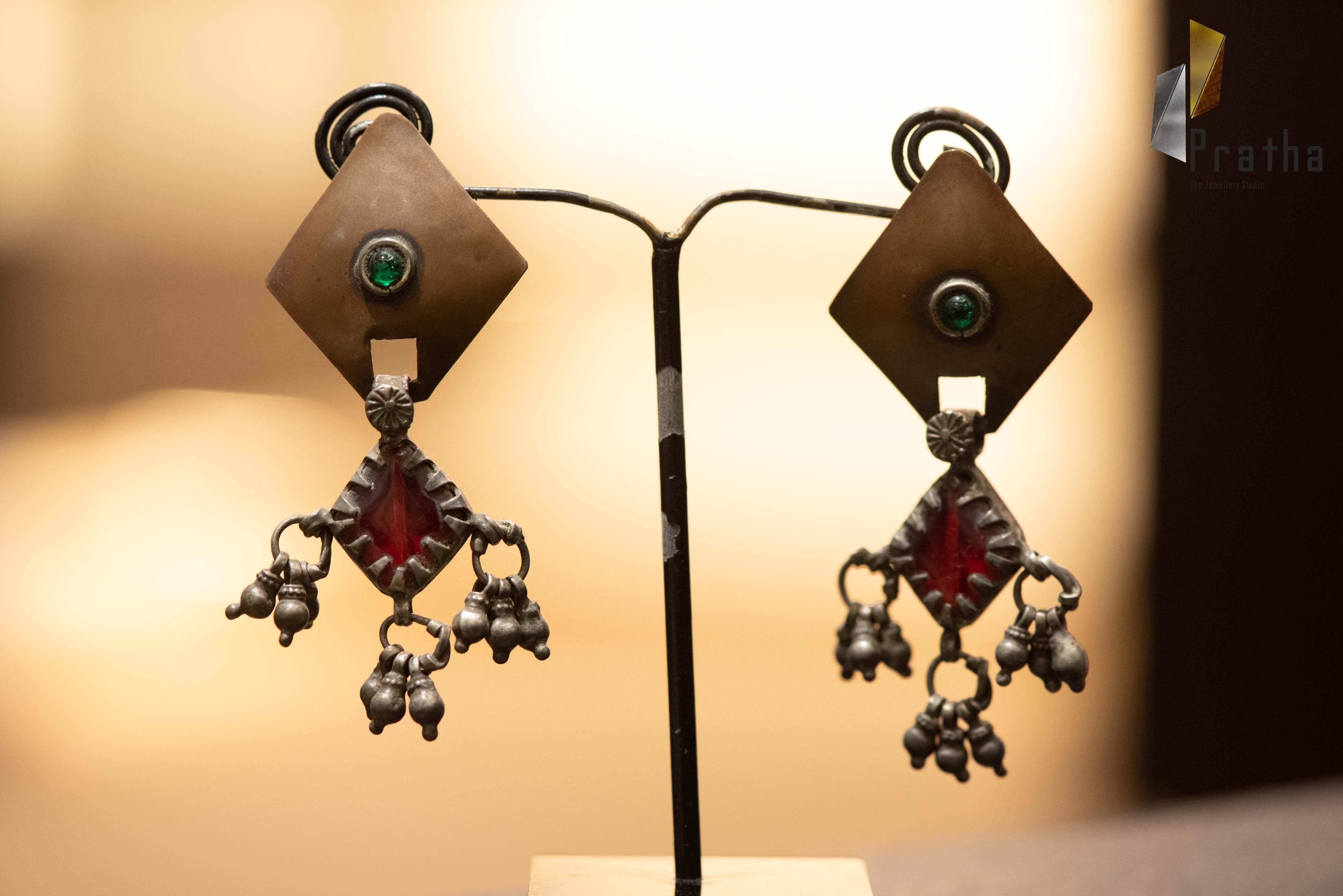 Designer Silver Earrings | Geometrical Antique Earrings | Handcrafted Silver Jewellery For Women By Pratha - Jewellery Studio