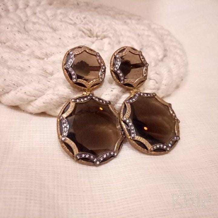Silver Earrings | Sterling Silver Handcrafted Big Round Smokey Stone Gold Plated Earring | Handcrafted Silver Jewellery For Women By Pratha