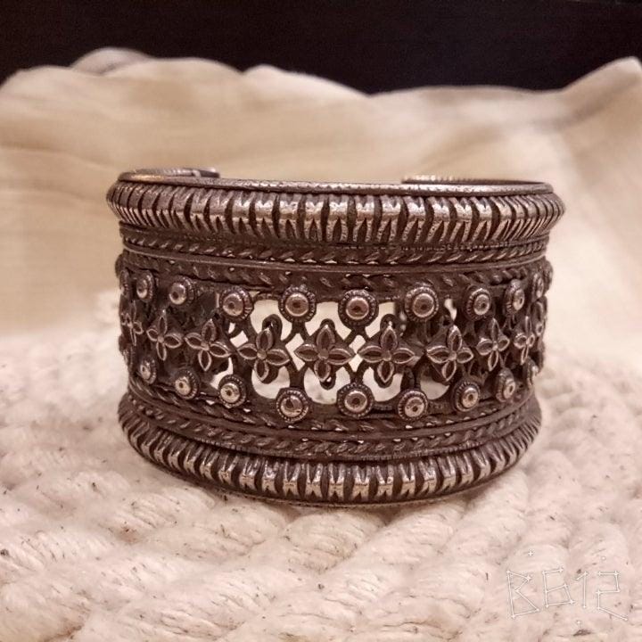 Silver Bracelet | Sterling silver Handcrafted Broad Antique Look Bracelet | Handcrafted Silver Jewellery For Women By Pratha - Jewellery Studio