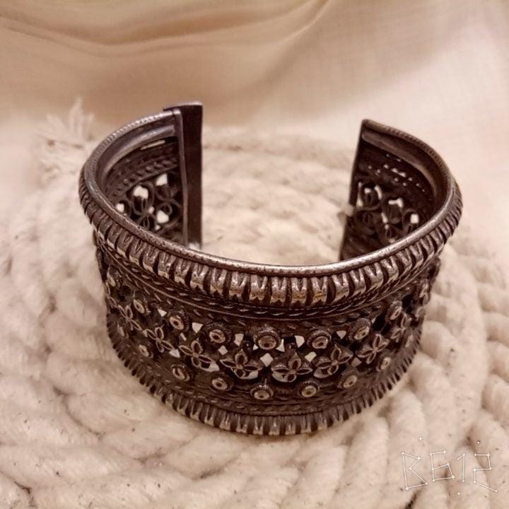 Silver Bracelet | Sterling silver Handcrafted Broad Antique Look Bracelet | Handcrafted Silver Jewellery For Women By Pratha - Jewellery Studio