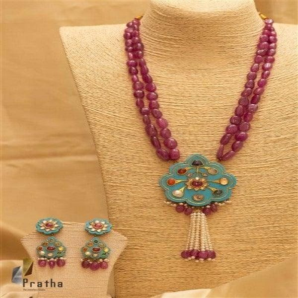Pheroza Pendant With Ruby Mala | Designer Silver Necklace | Handcrafted Silver Jewellery For Women By Pratha - Jewellery Studio