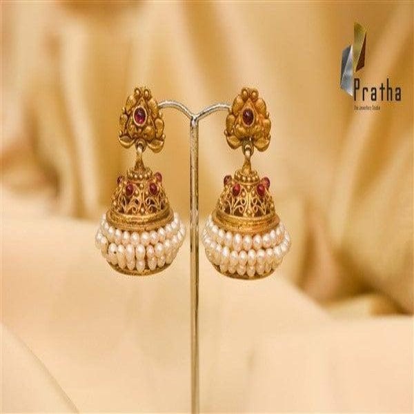 Designer Silver Earrings | Gold Plated Handcrafted Jhumki With Pearls | Handcrafted Silver Jewellery For Women By Pratha