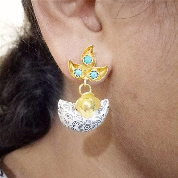 Silver Earrings | Turquoise & White Moon Shaped Design Stone Earring in Silver With Gold Polish |  Handcrafted Silver Jewellery For Women By Pratha