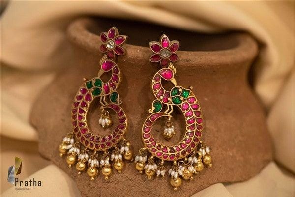 Designer Silver Earrings | Gold Plated Red & Green Stone Peacock Earrings With Pearl Hanging | Handcrafted Silver Jewellery For Women By Pratha
