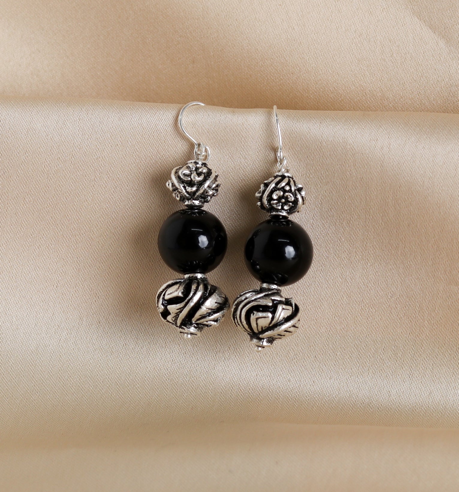 Carved Beads Onyx Earrings