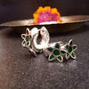 Silver Earrings | Green Colour Stone - Flower Small Bali | Handcrafted Silver Jewellery For Women By Pratha