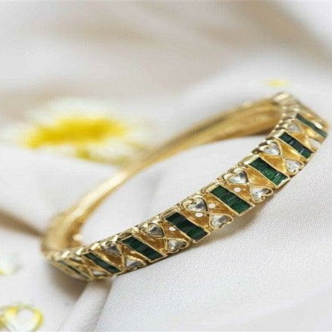 Sterling Silver Gold Plated with Green Stone Kundan Bangle