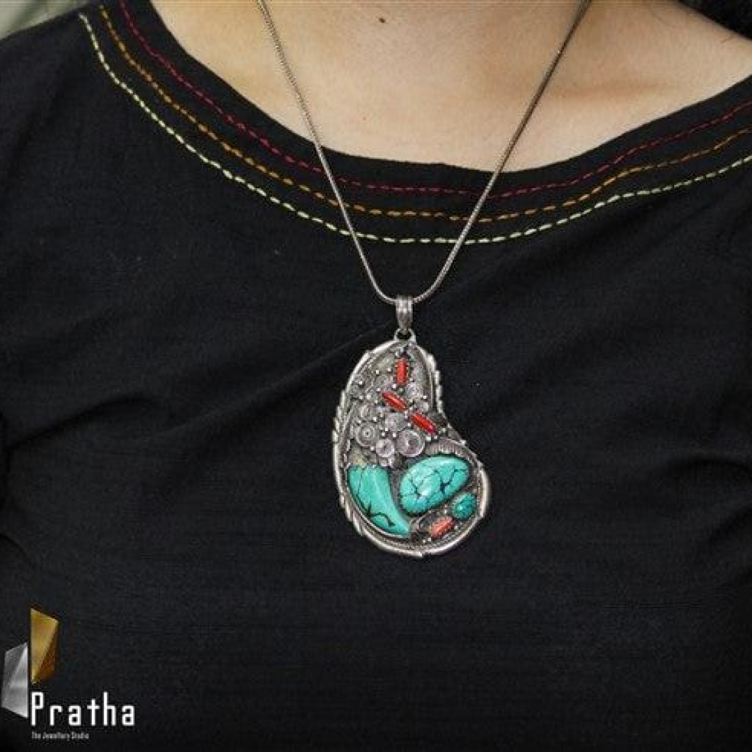 Turquoise & coral silver pendant